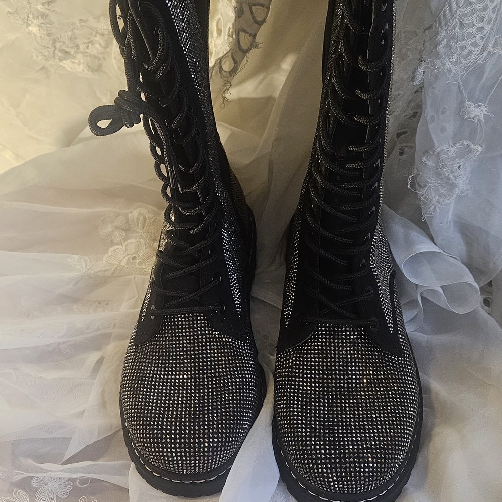 Women's Black Rhinestone Lace-Up Combat Boots - Picture 4 of 10